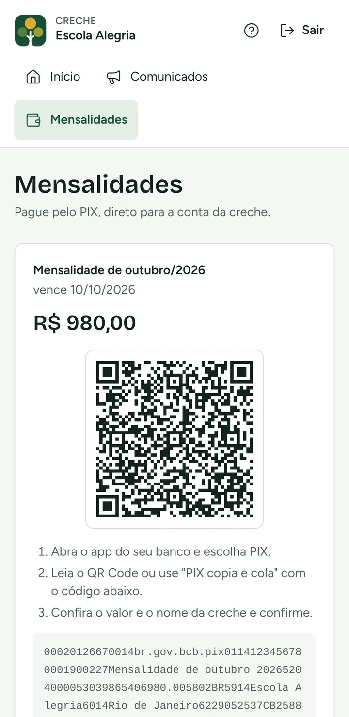 Mensalidade com QR Code PIX no celular da família